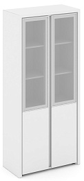 Офисный шкаф высокий широкий (2 низких фасада ЛДСП + 2 средних фасада стекло сатин в раме)
